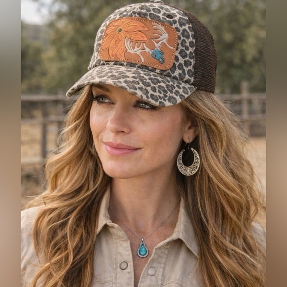 Leopard Print Trucker Hat Western Floral Antler Leather Patch Snapback Cap